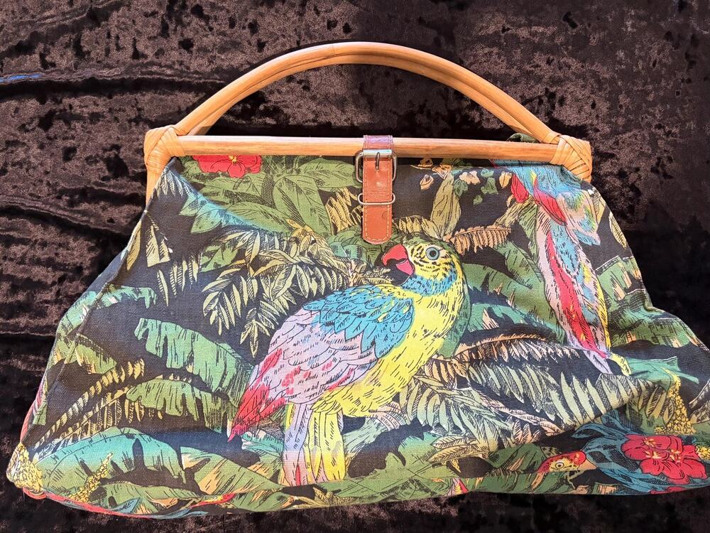 Vintage Tropical Parrot Bird Print Rattan Handle Tote Bag Boho Market Shopper